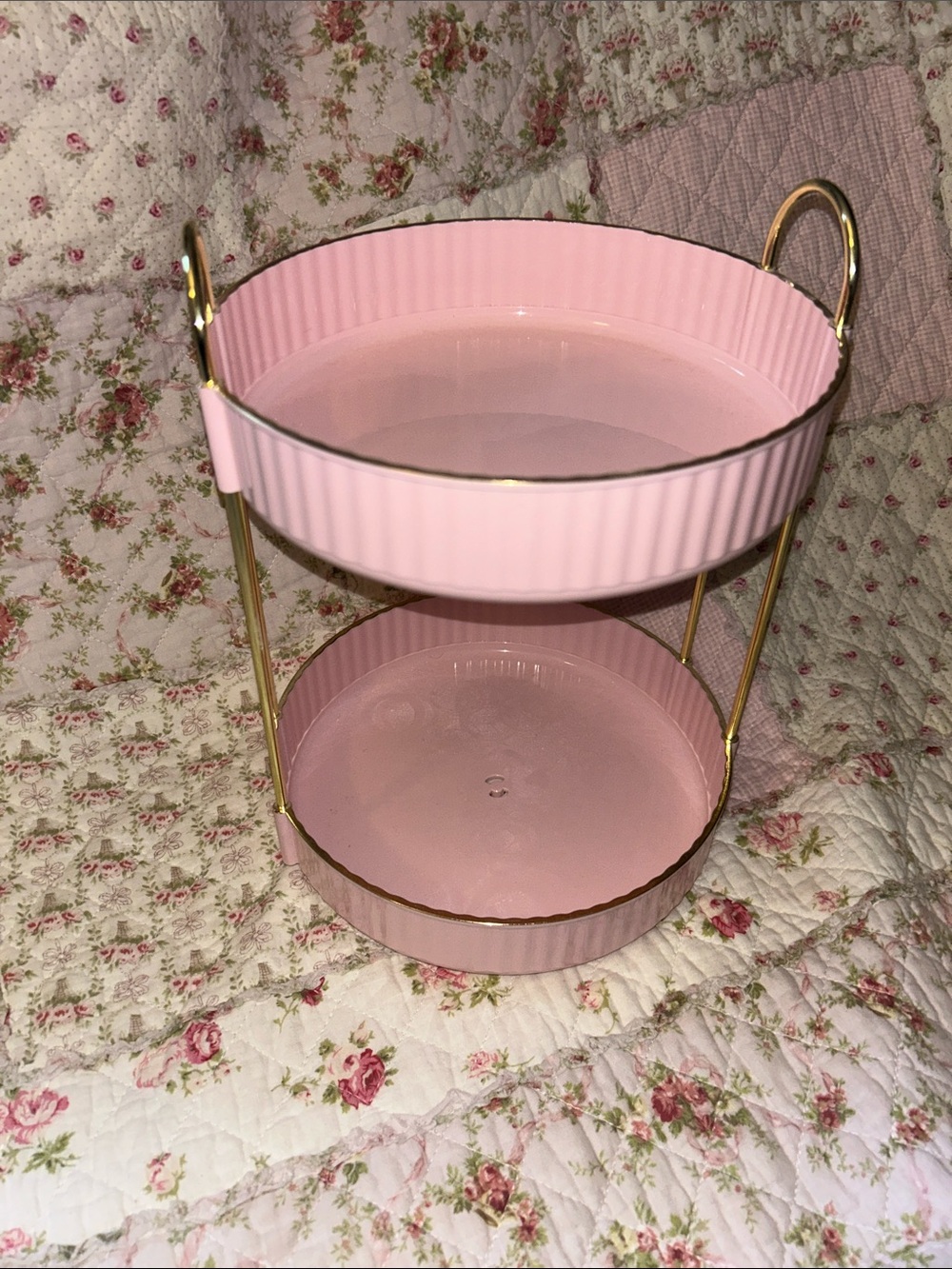 Pink Two-Tier Metal Swivel Vanity Organizer with Gold Accents